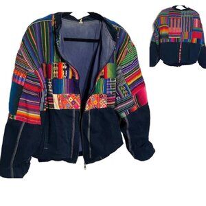 Vtg 80s Patchwork Handmade Jean Jacket Large Hippie Retro 70s Indie Southwestern
